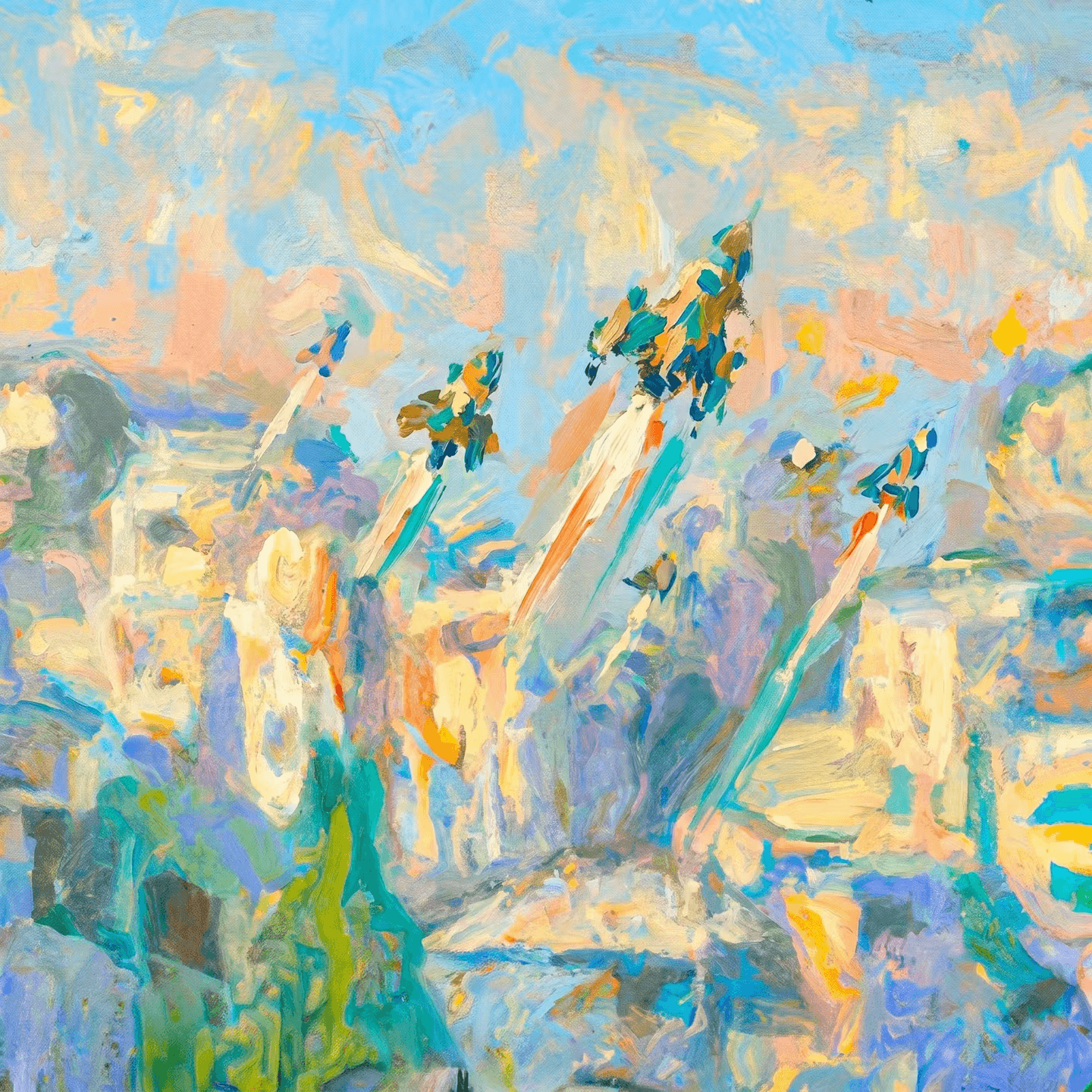 Rockets launching over a city, painterly illustration